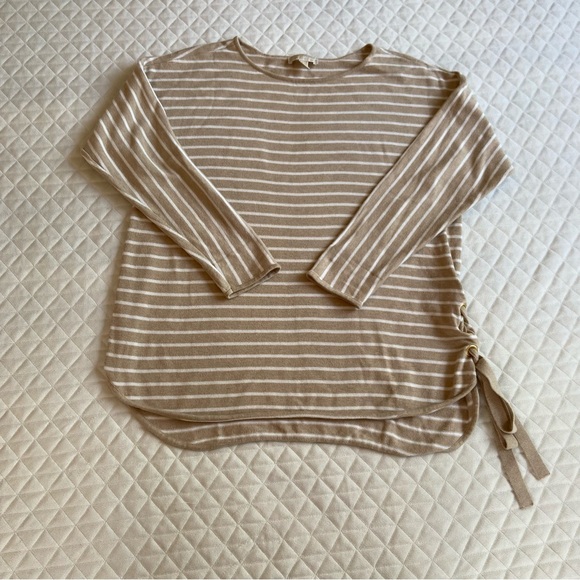 Michael Kors Women’s Sweater Size Large White Brown Stripes  Side Tide - Picture 1 of 15